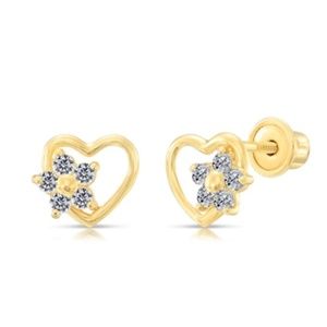 10K GOLD HEART HALO CZ Stud ScrewBack Earrings